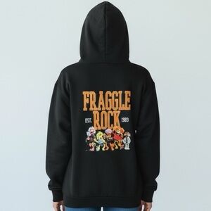 👛(ANY 2/$30)FRAGGLE ROCK Blk Hoodie Plain Front Slight Assymetrical Back Graphic